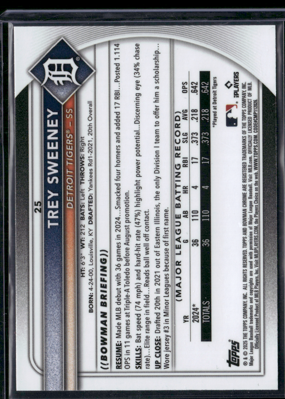 2025 Chrome TREY SWEENEY #25 Rookie Card RC (NM)
