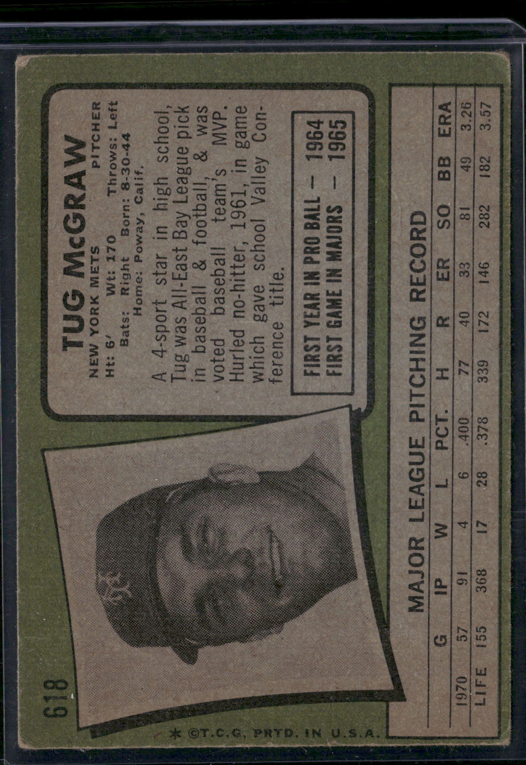 1971 Topps TUG MCGRAW #618 Light Wrinkle (VG)