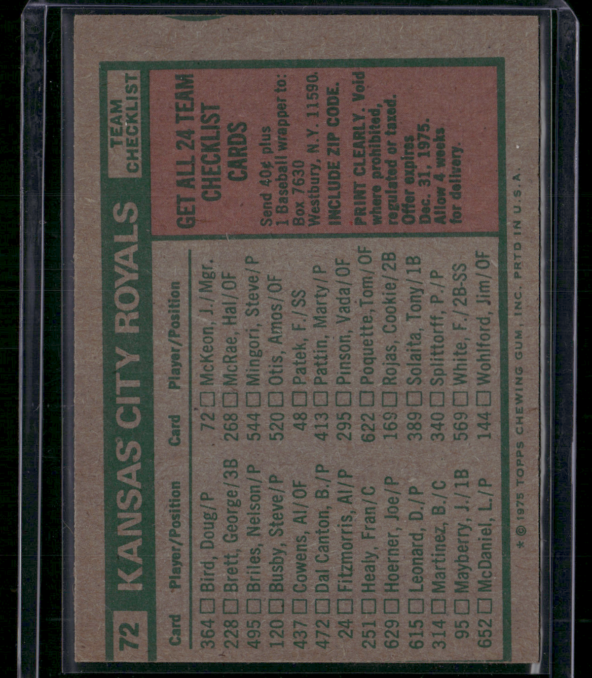 1975 Topps KANSAS CITY ROYAL #72 Light Toning Miscut (VG/EX)
