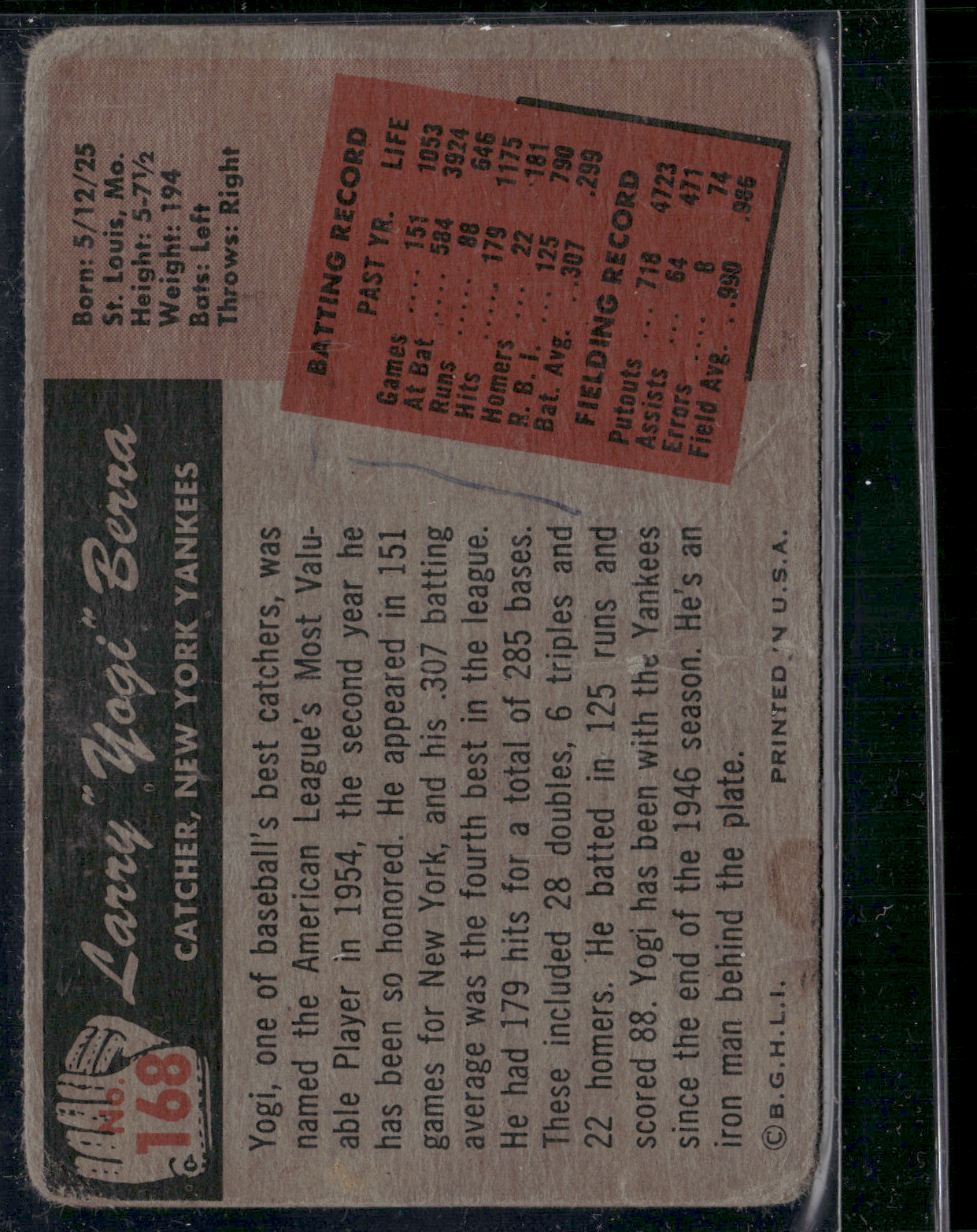 1955 Bowman YOGI BERRA #168 Ink on Back Crease (Good)