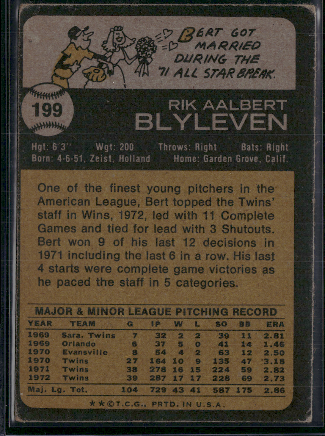 1973 Topps BERT BLYLEVEN #199 (VG/EX)