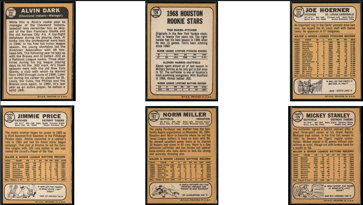 1968 Topps 6 ~ CARDLOT Alvin Dark/Mickey Stanley (VG-VG/EX)