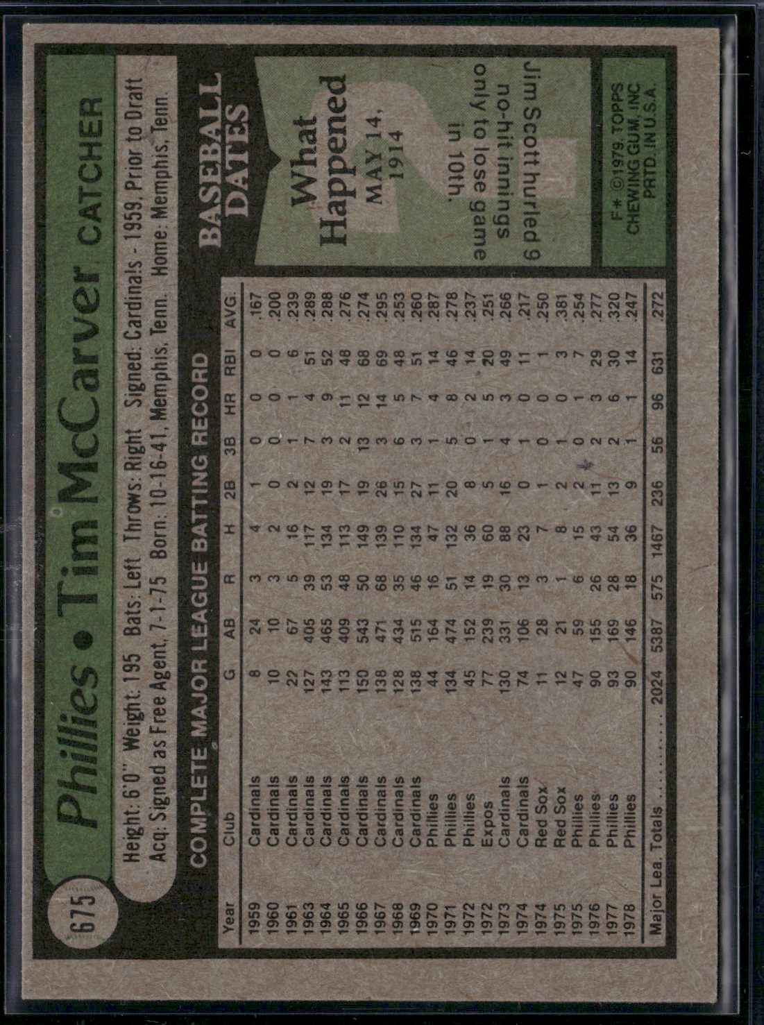 1979 Topps TIM MCCARVER #675 (EX/MT)