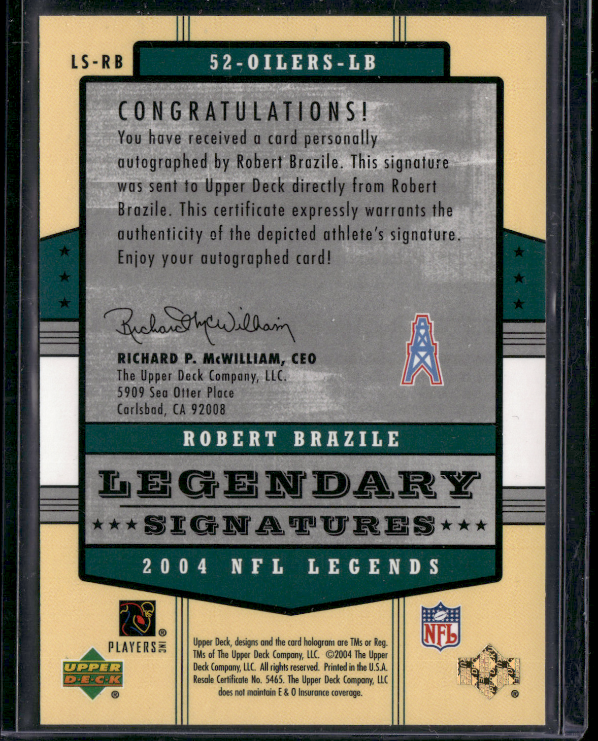2004 Upper Deck ROBERT BRAZILE #LS-RB Legendary Signatures Auto (NM)