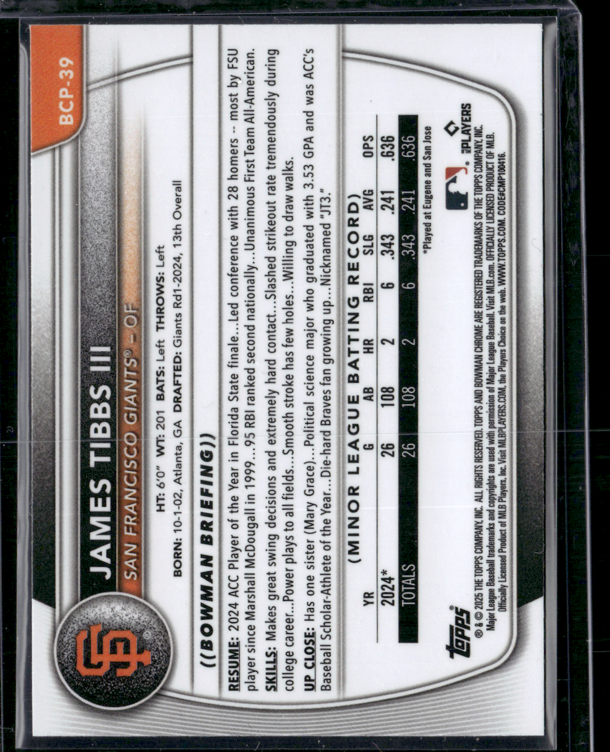 2025 Bowman JAMES TIBBS III #BCP-39 Chrome
