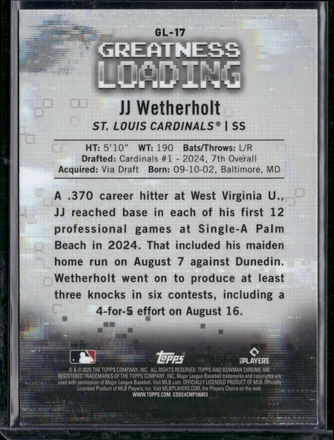 2025 Bowman JJ WETHERHOLT #GL-17 Greatness Loading Chrome