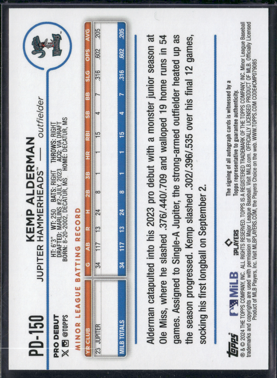 2024 Pro Debut KEMP ALDERMAN #PD-150 Auto (NM)
