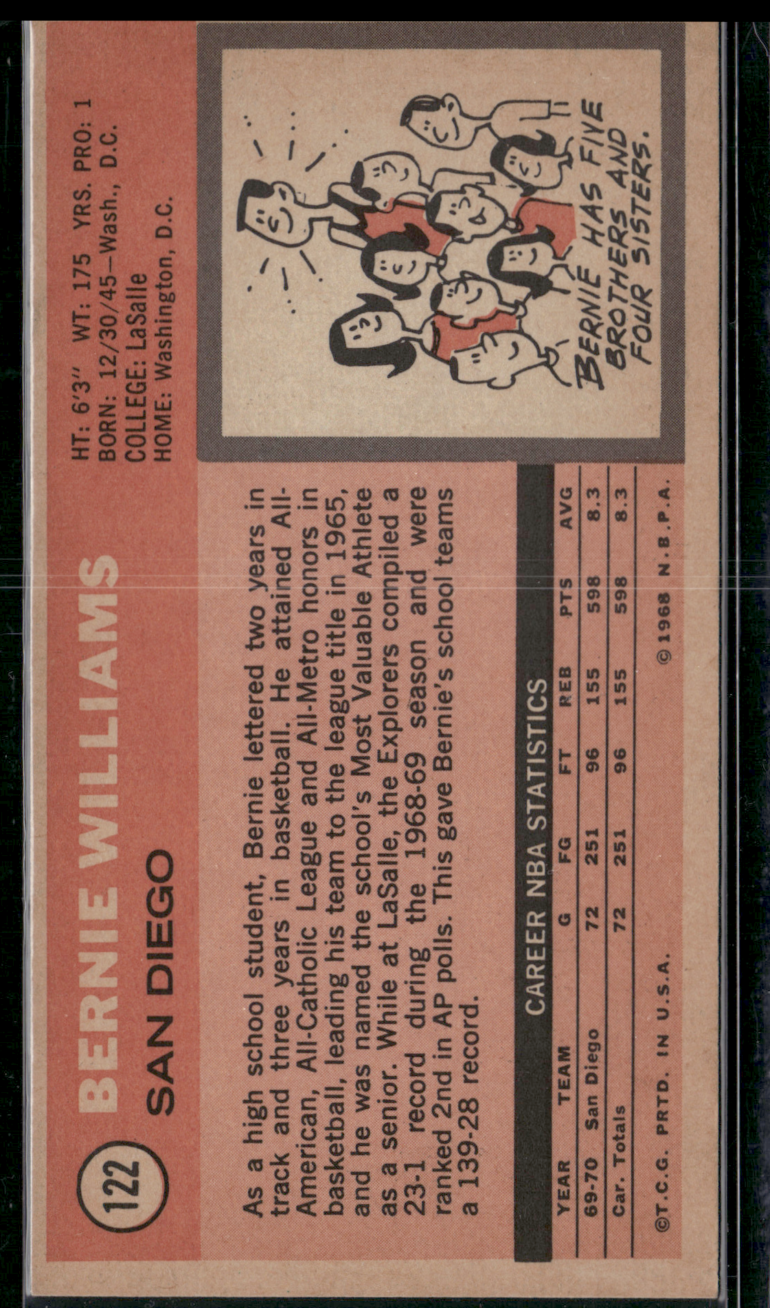1970 Tall Boy BERNIE WILLIAMS #122 (EX)