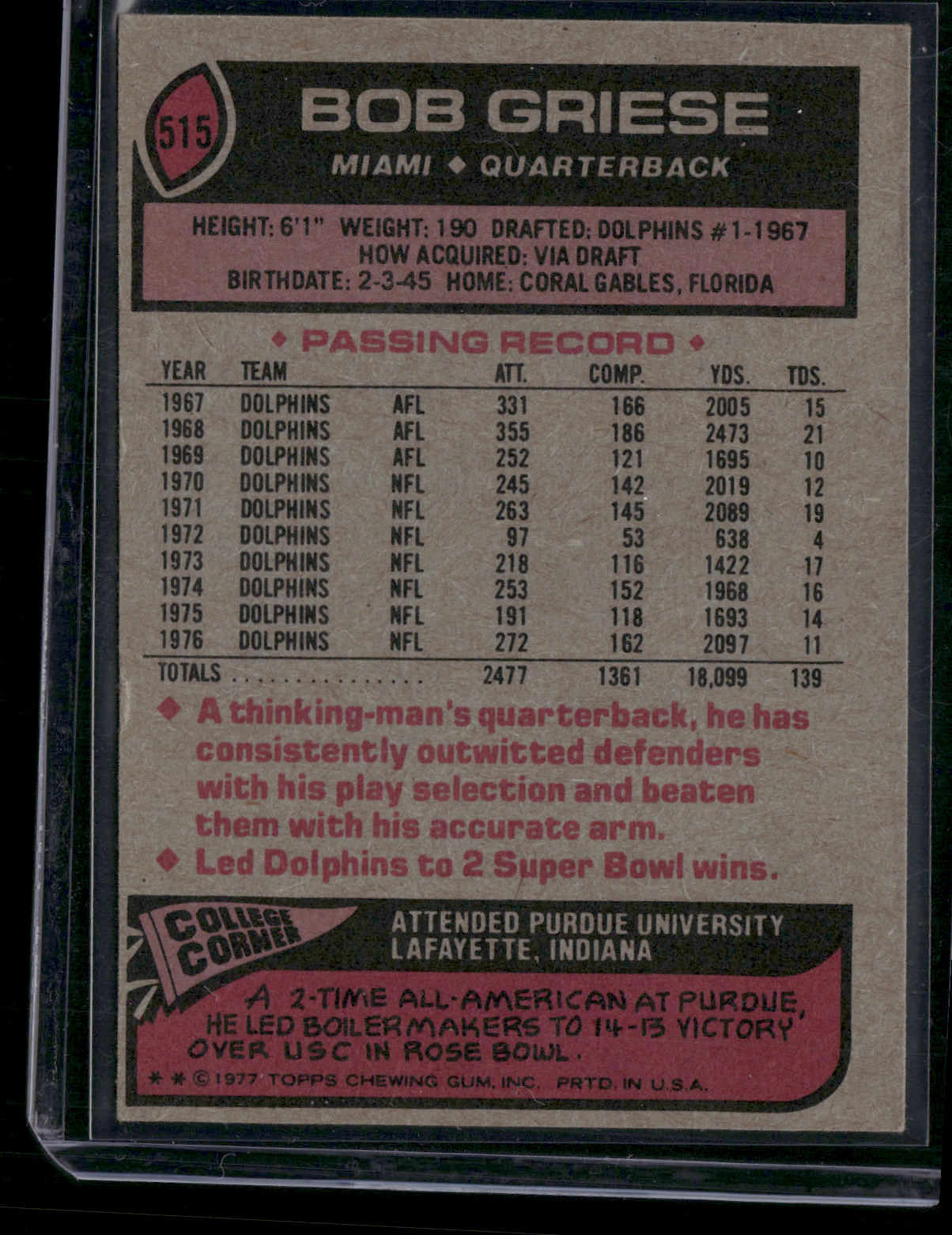 1977 Topps BOB GRIESE #515 (EX)