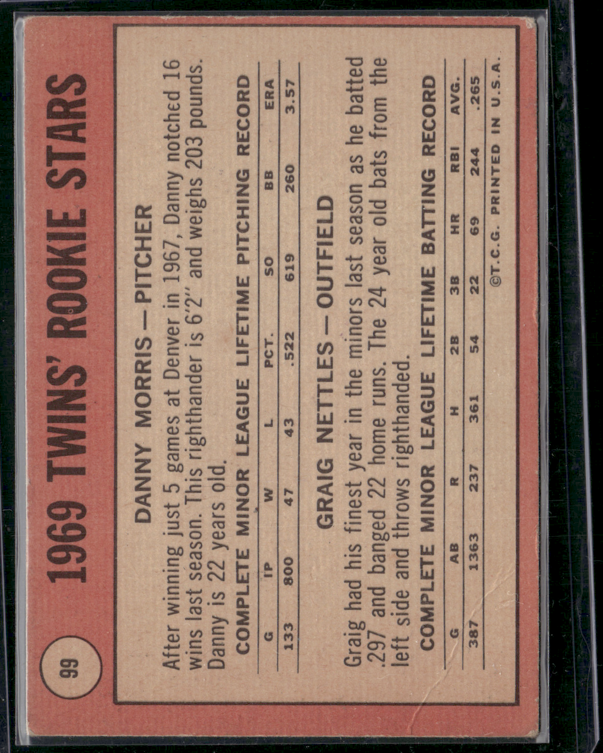 1969 Topps CRAIG NETTLES/DANNY MORRIS #99 Twins 1969 Rookie Stars Crease (Good)