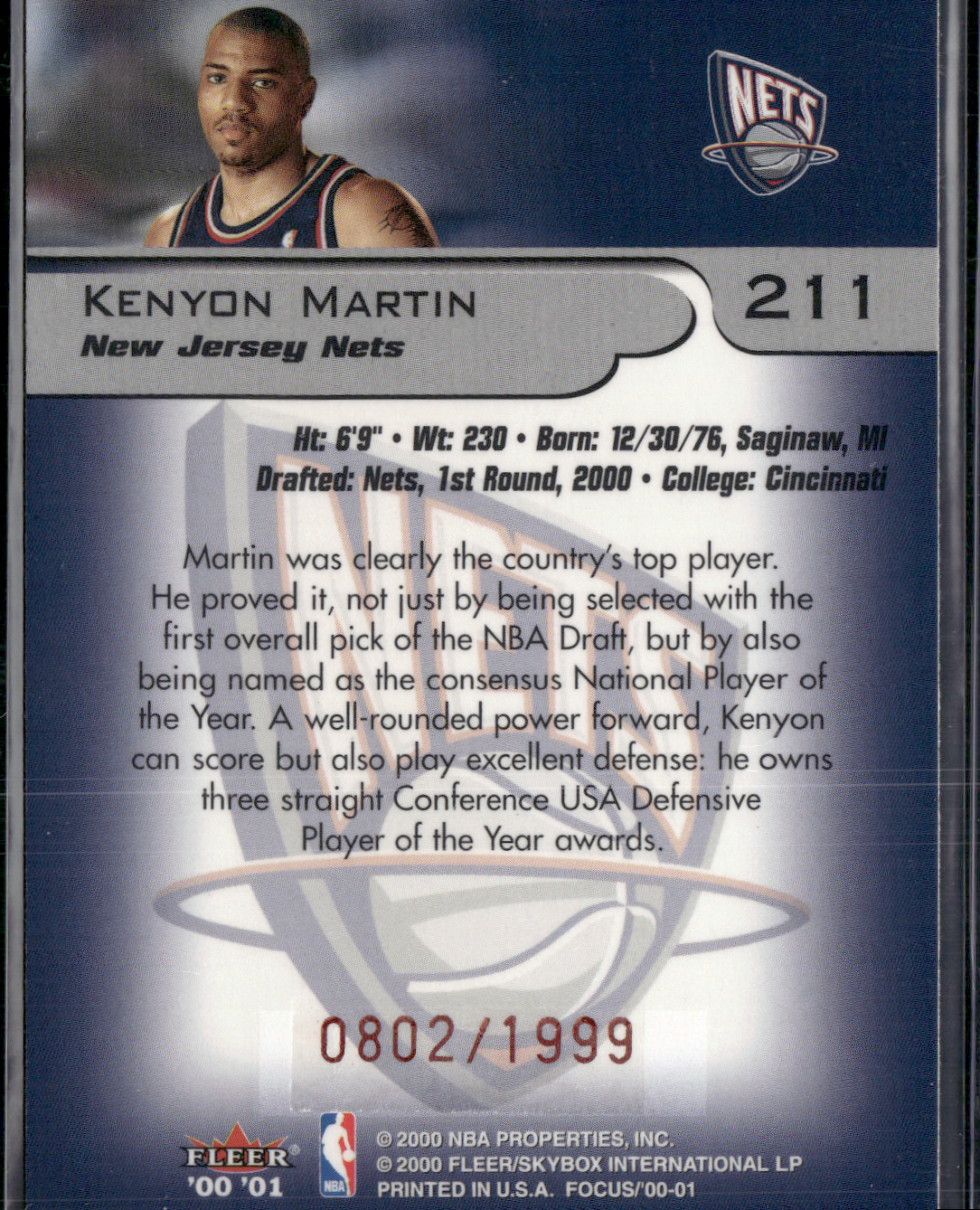 2000 Focus KENYON MARTIN #211 Rookie RC 802/1999 (NM)