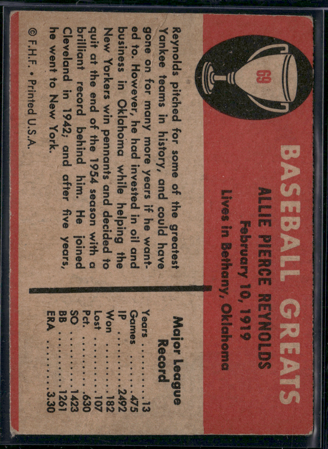 1961 Baseball Greats ALLIE REYNOLDS #69