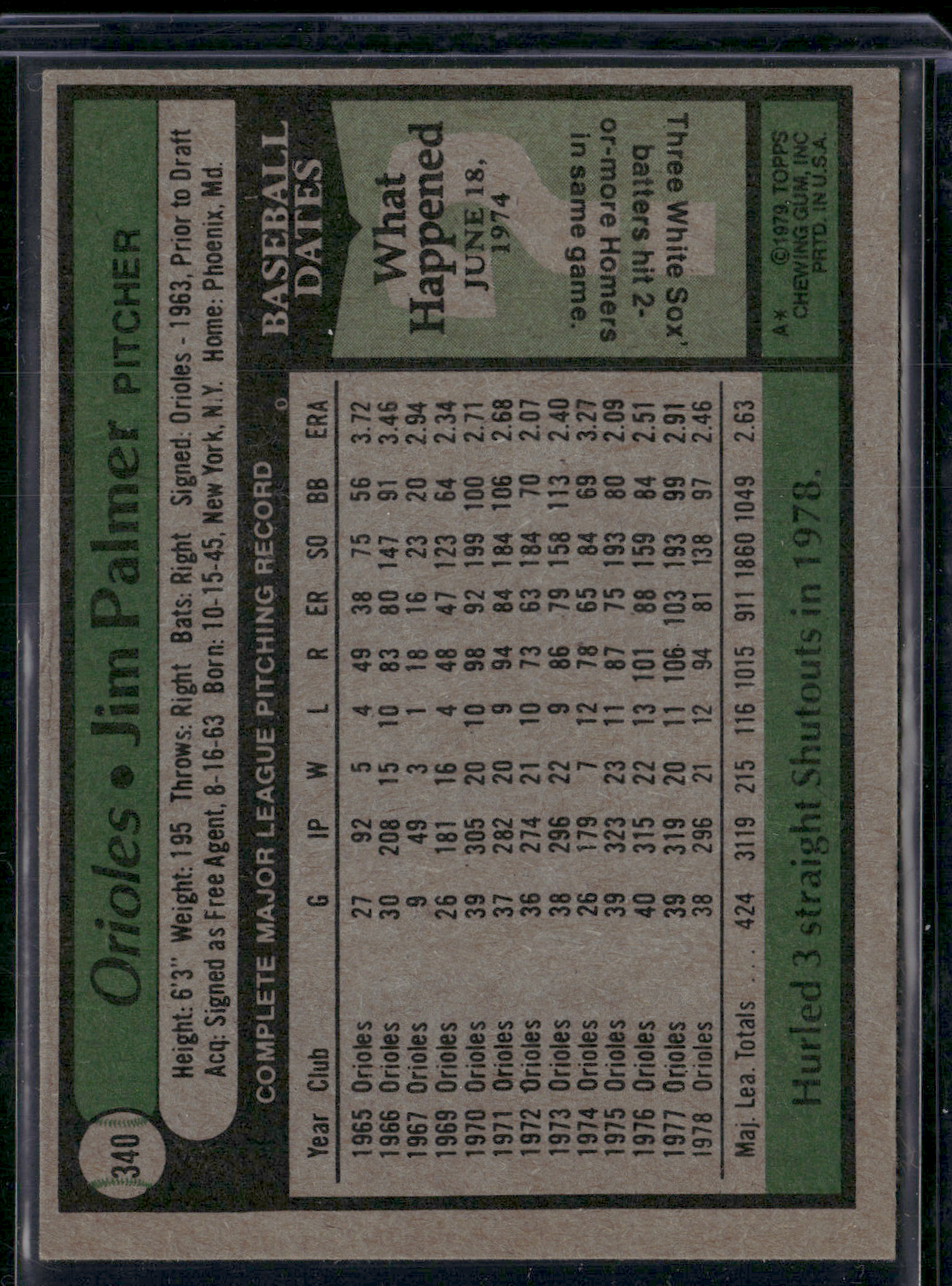 1979 Topps JIM PALMER #340 (EX-EX/MT)