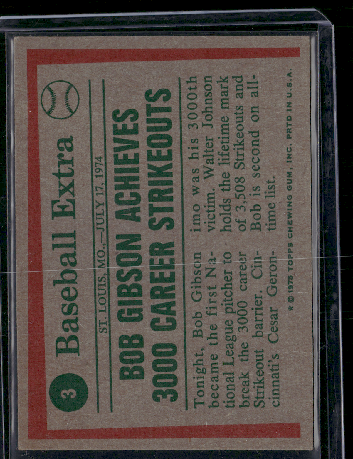 1975 Topps BOB GIBSON #3 74 Highlights Print Snow (VG)