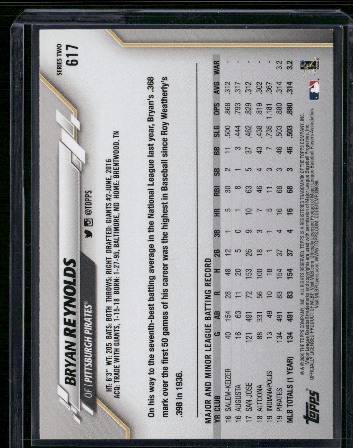 2020 Series Two BRYAN REYNOLDS #617 Rookie Cup (NM)