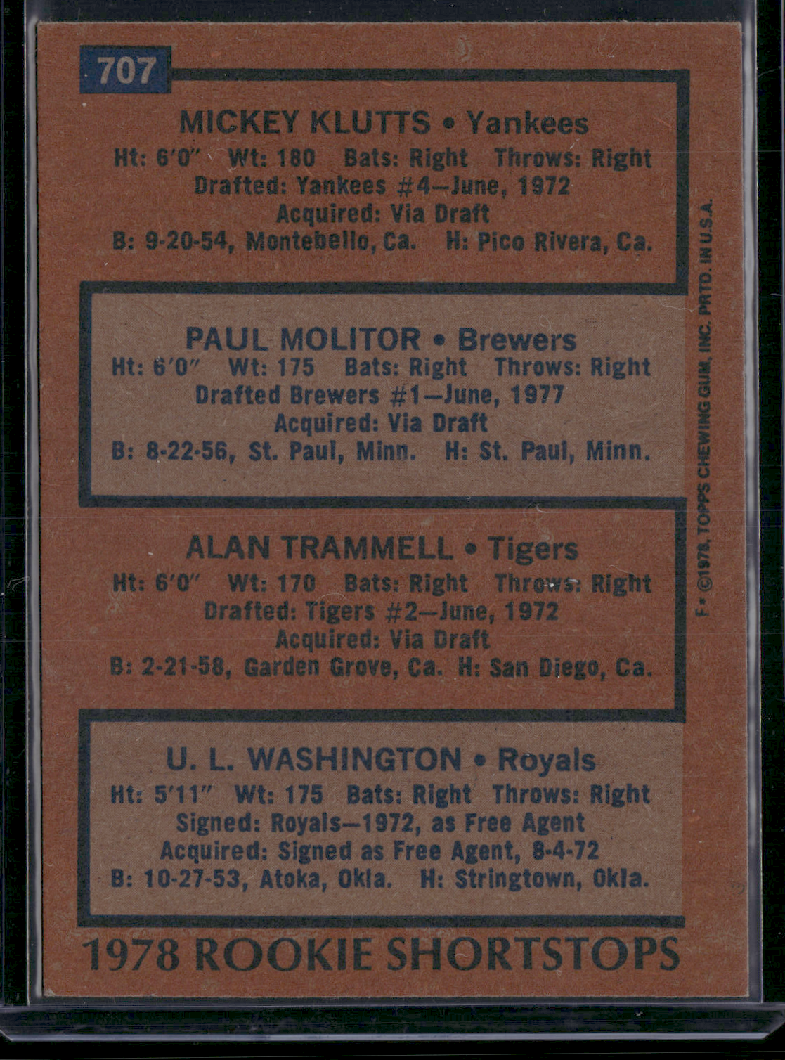 1978 Topps MOLITOR/TRAMMELL/KLUTTS/WASHINGTON #707 78 RookieShortstops(VG/EX-EX)