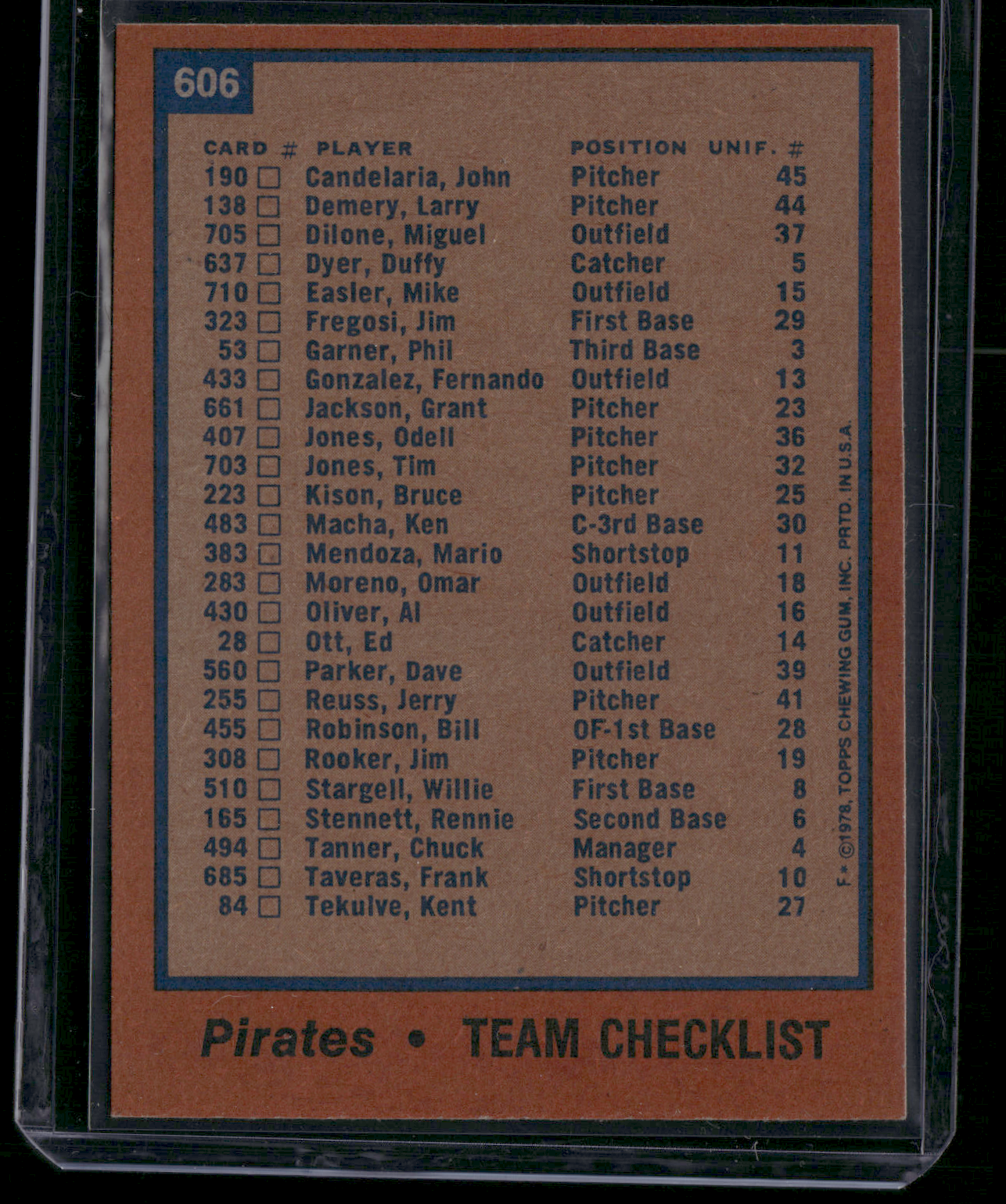 1978 Topps PITTSBURGH PIRATES #606 Edge Chipping (EX)