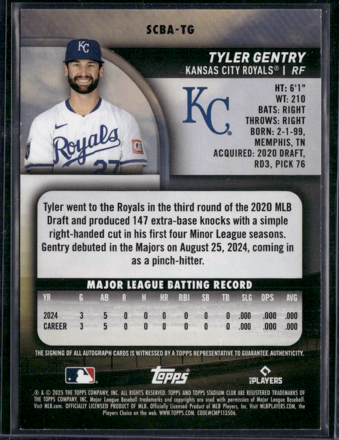 2025 Stadium Club TYLER GENTRY #SCBA-TG Auto Rookie RC (NM)