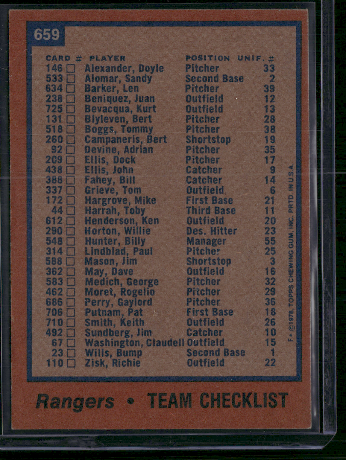 1978 Topps TEXAS RANGERS #659 (EX)