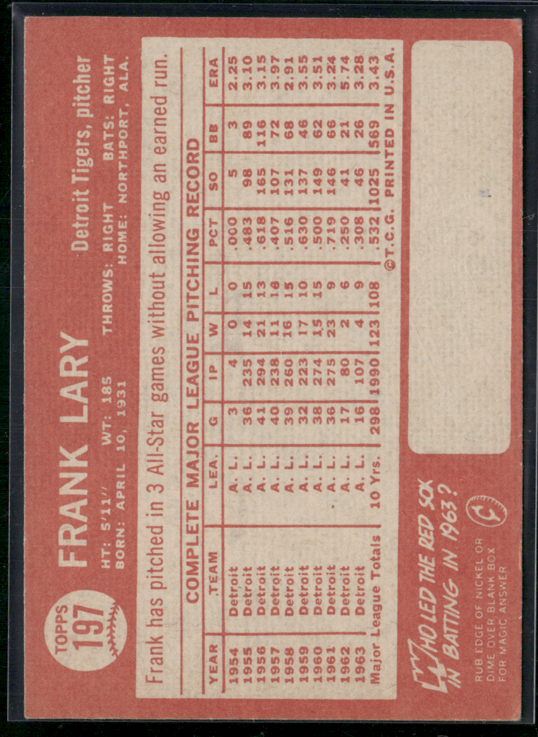 1964 Topps FRANK LARY #197 Light Wax Stain (VG/EX-EX)