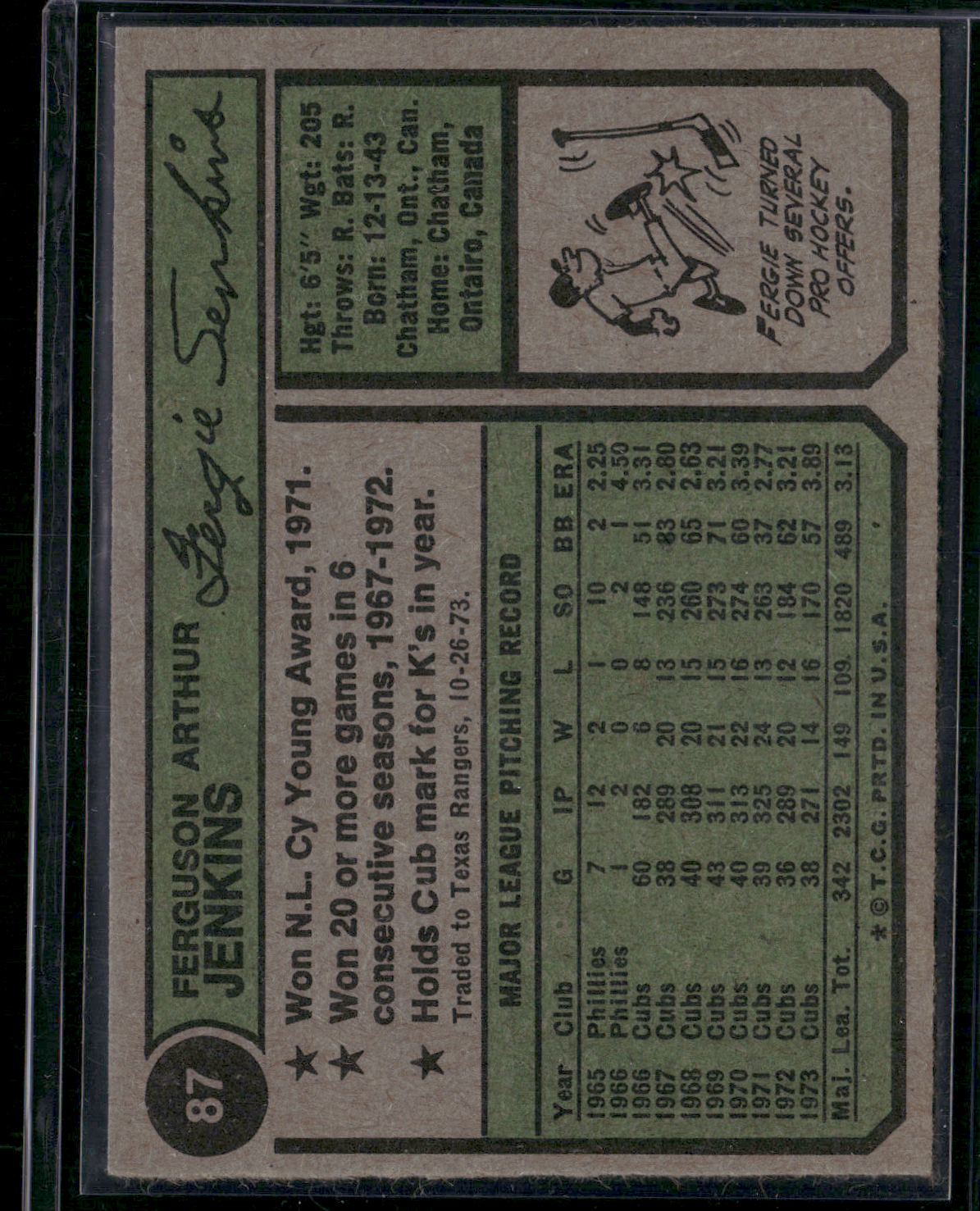 1974 Topps FERGIE JENKINS #87 Light Wrinkle (VG/EX)