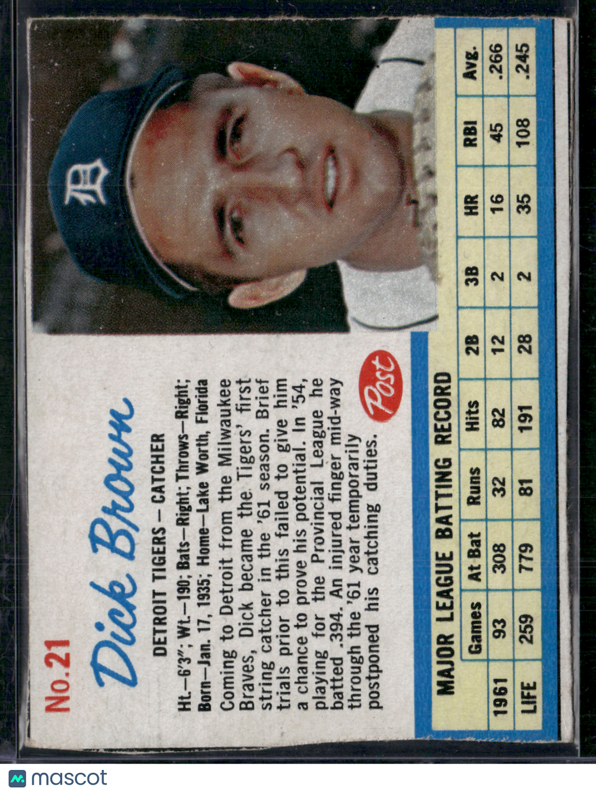 1962 Cereal Box DICK BROWN #21 Hand Cut (VG)