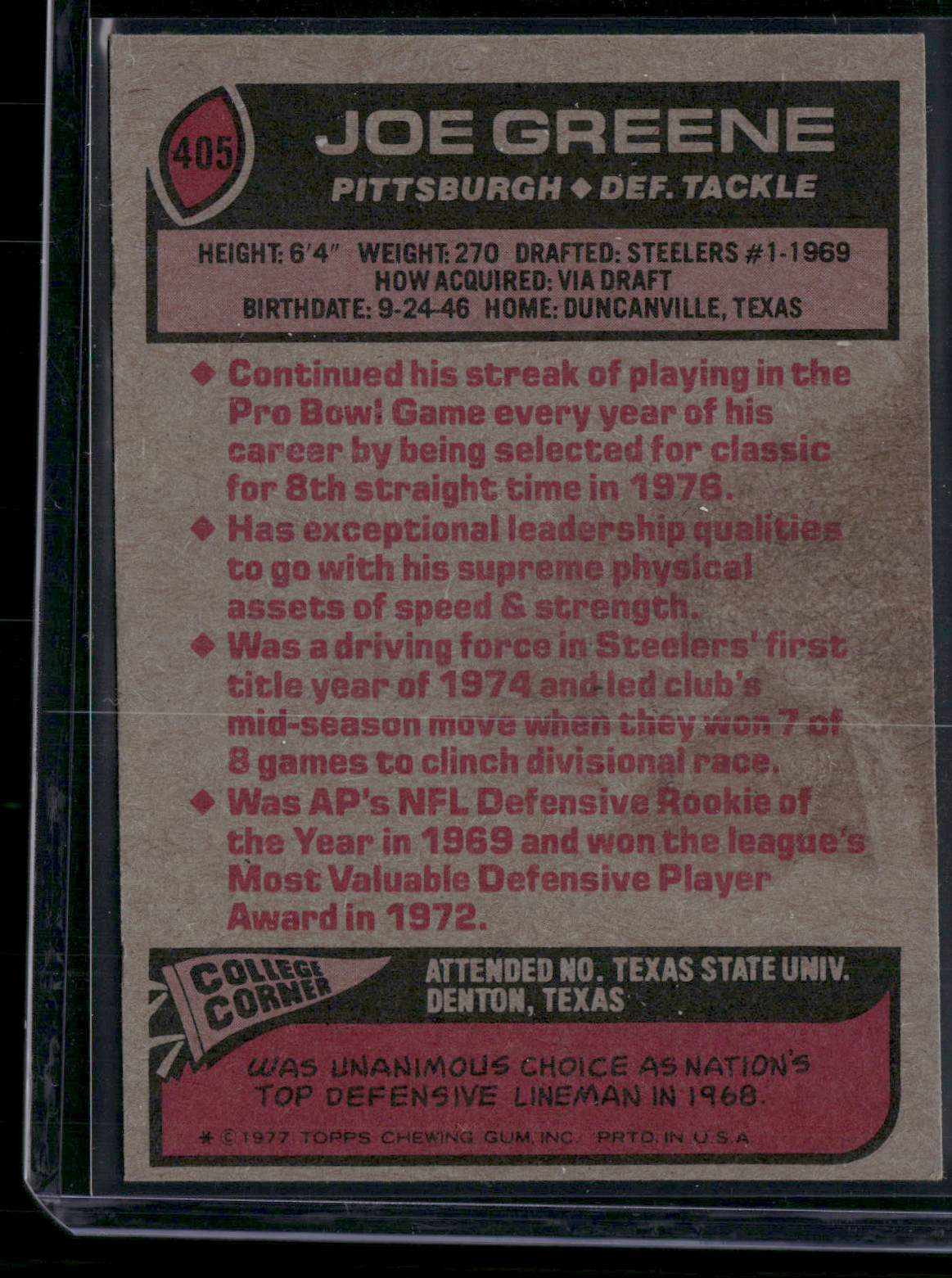 1977 Topps JOE GREENE #405 Stain on Back Grain Raise Light Scratch (VG/EX)