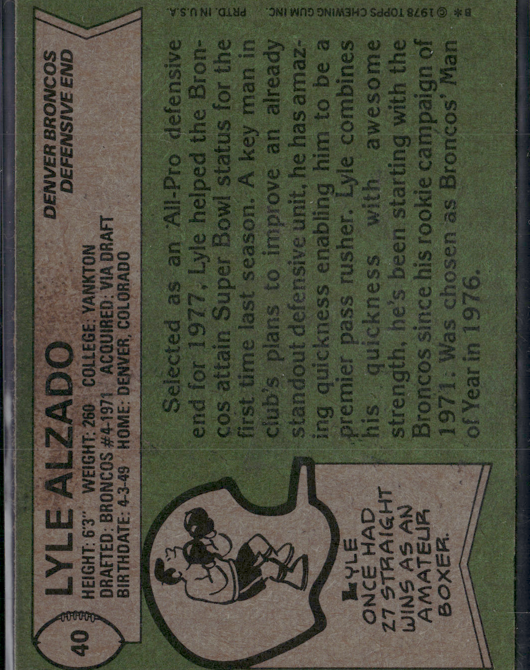1978 Topps LYLE ALZADO #40 Stain on Back (EX)