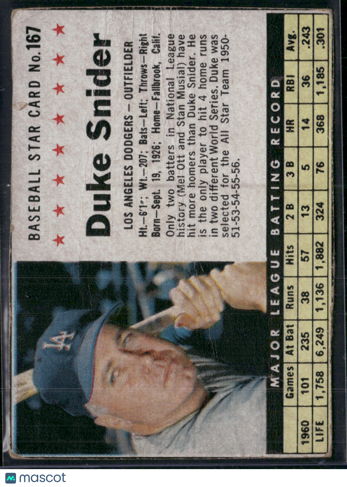 1961 Cereal Box DUKE SNIDER #167 Hand Cut Creases (Good)