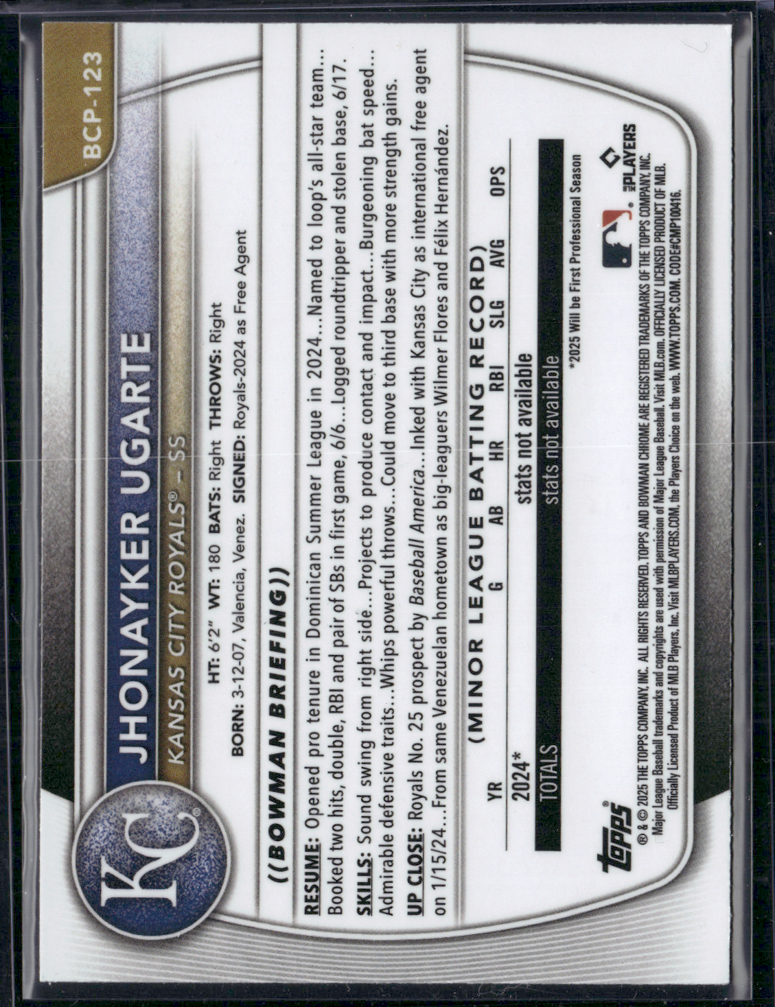 2025 Bowman JHONAYKER UGARTE #BCP-123 1st Bowman Chrome