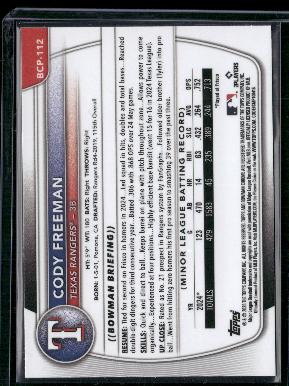2025 Bowman CODY FREEMAN #BCP-112 Chrome 1st Bowman