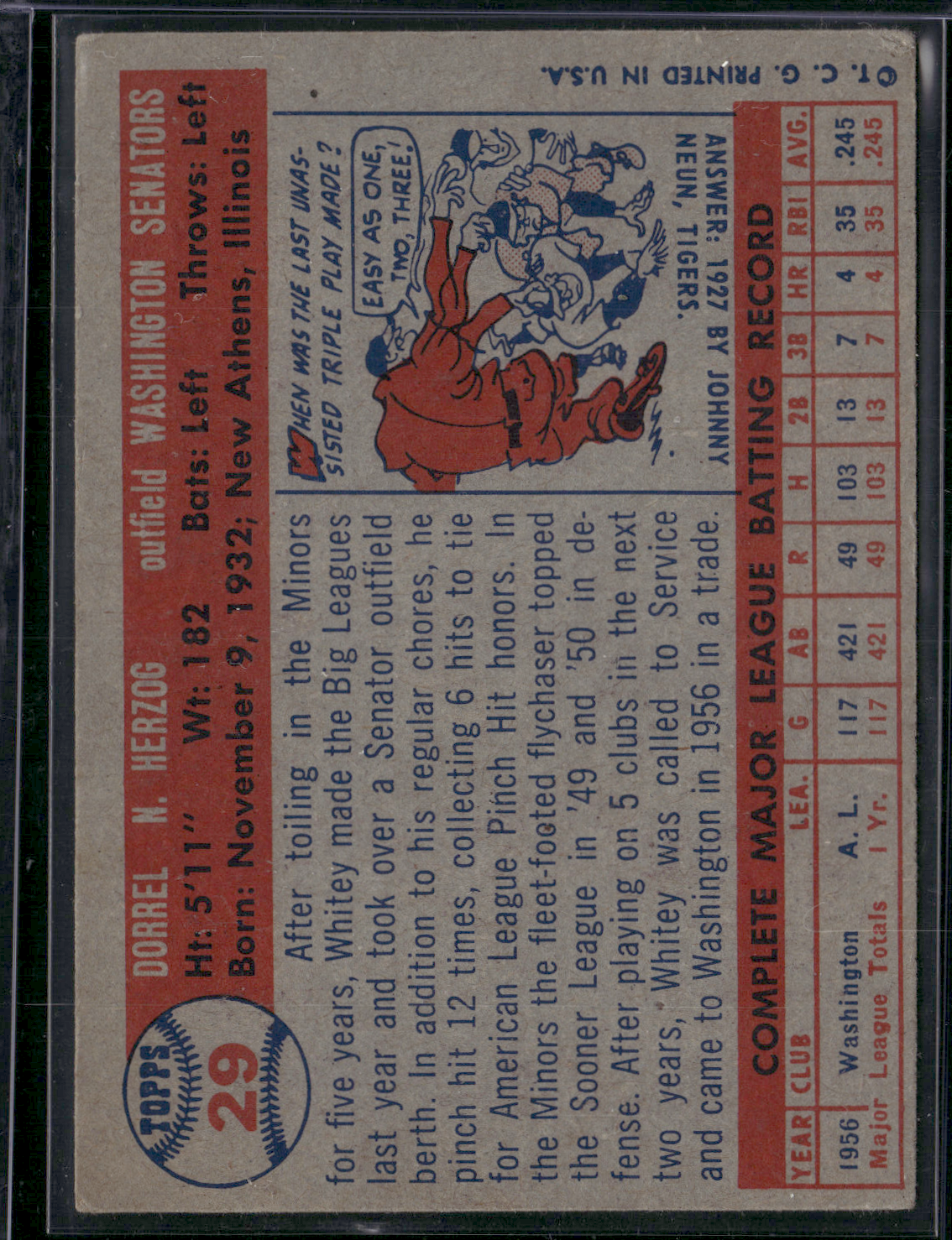1957 Topps WHITEY HERZOG #29 Light Wrinkle Bottom Corner (VG-VG/EX)
