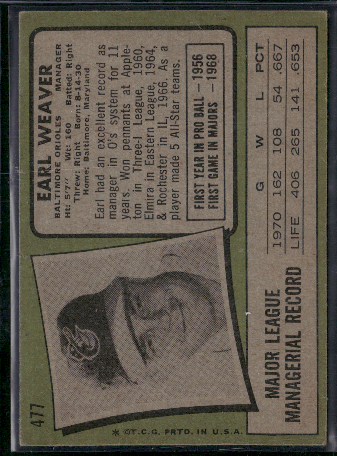 1971 Topps EARL WEAVER #477 Wax Stain (VG)