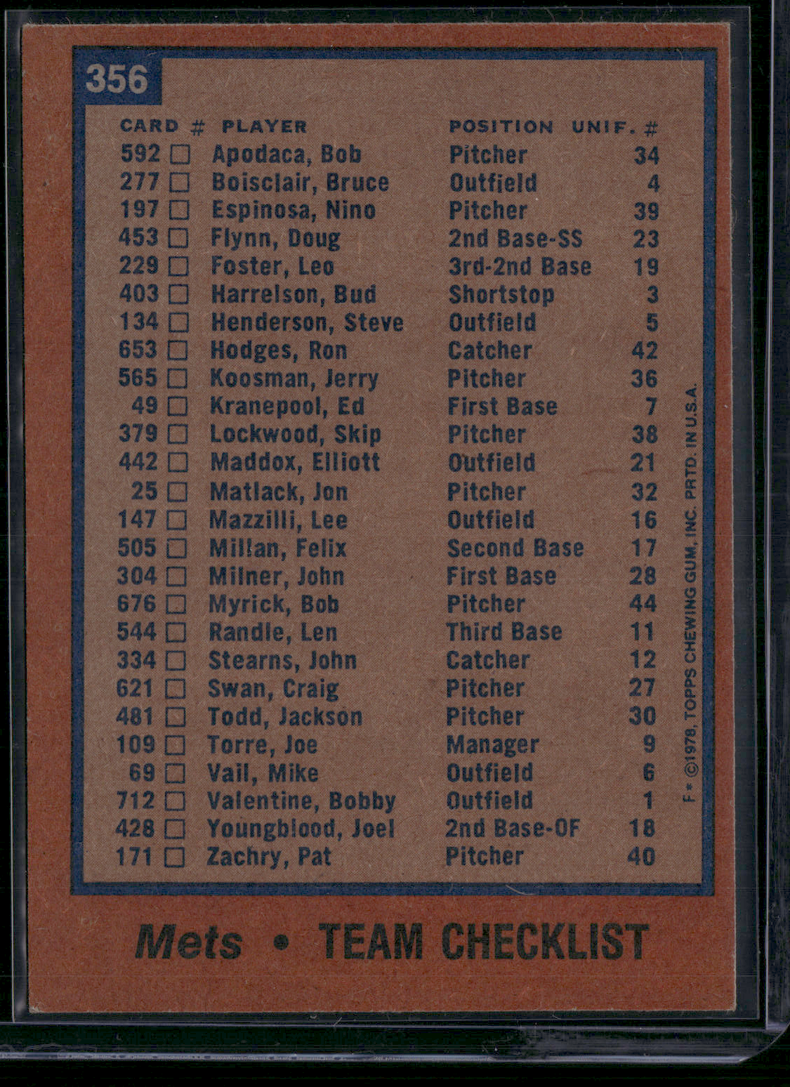 1978 Topps NEW YORK METS #356 Light Print Snow (EX)