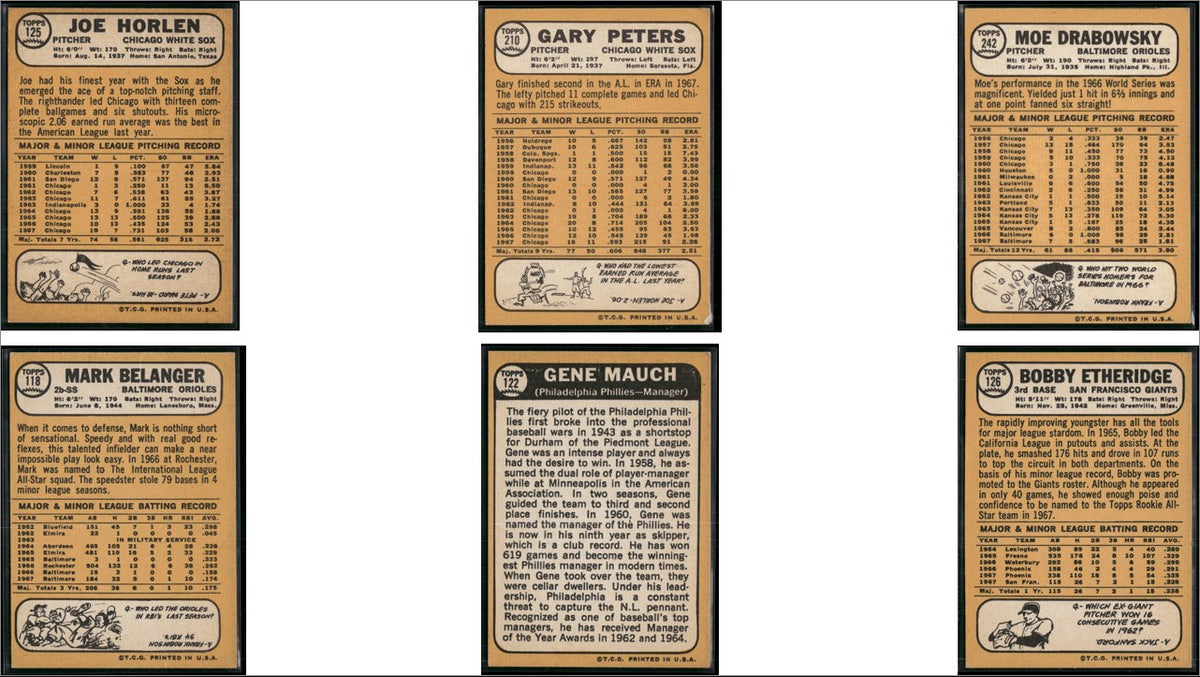 1968 Topps 6 ~ CARDLOT Joe Horlen/Bobby Etheridge (VG-VG/EX)