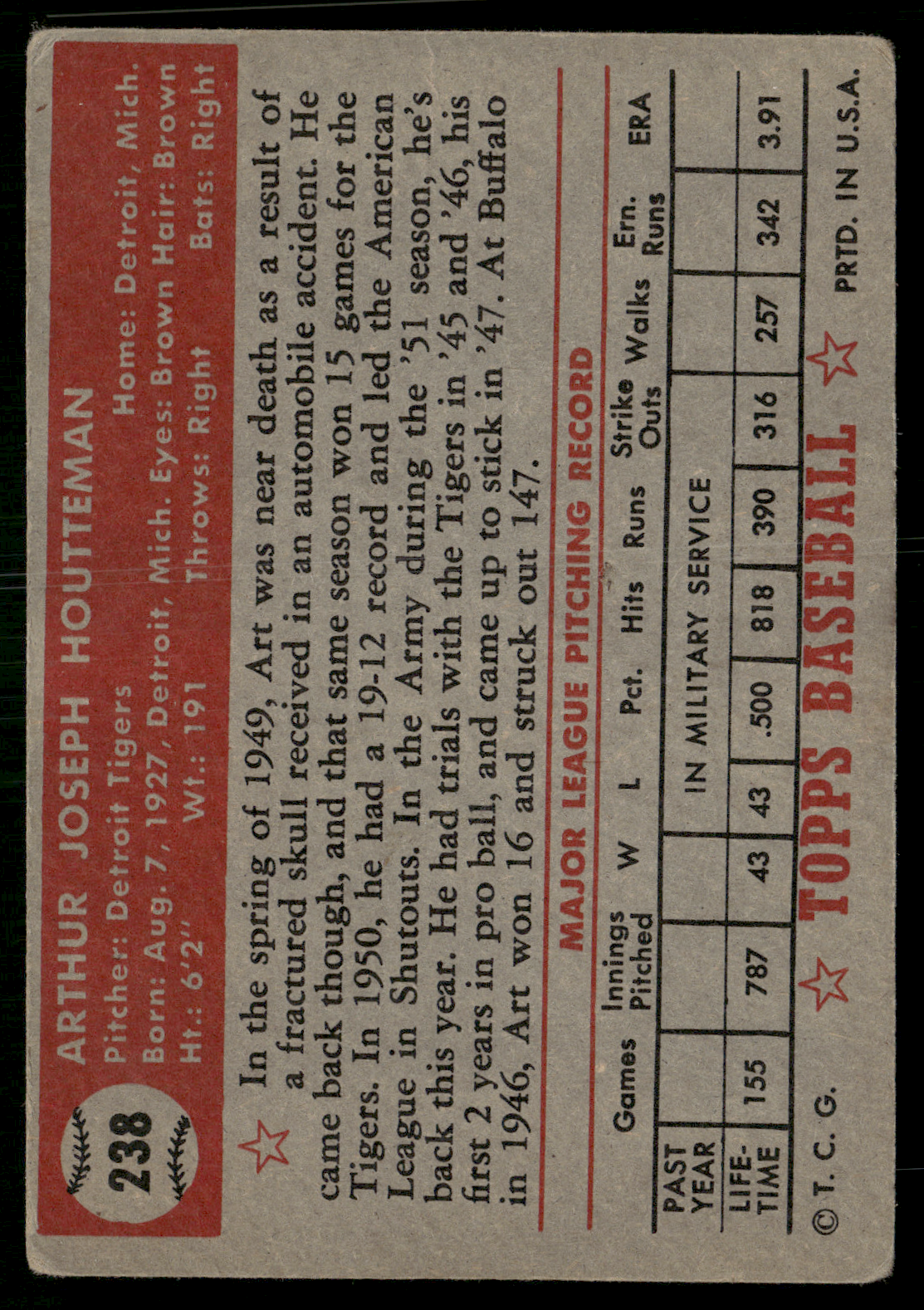 1952 Topps ART HOUTTEMAN #238 (Good-VG)