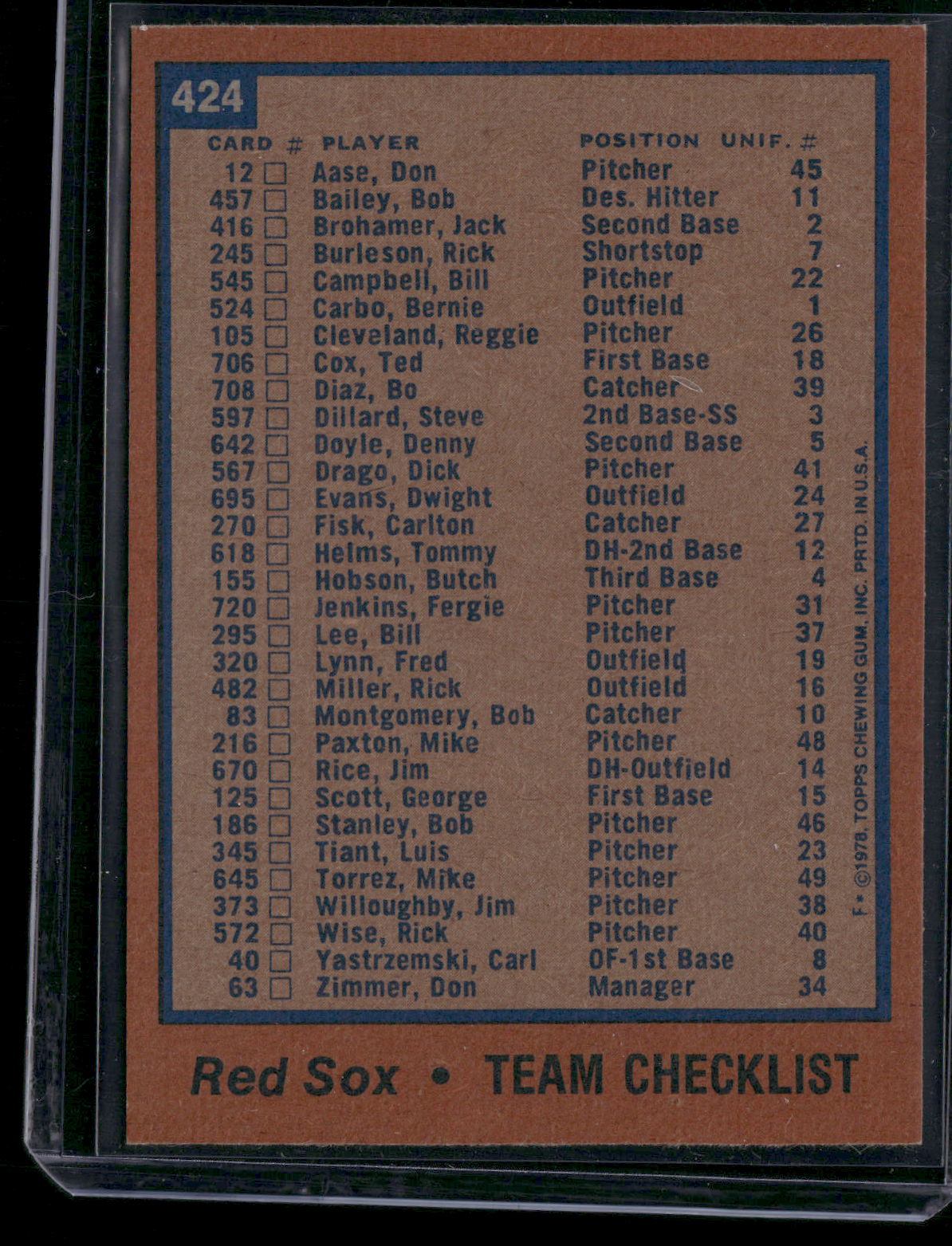 1978 Topps BOSTON RED SOX #424 Grain Raise (EX)