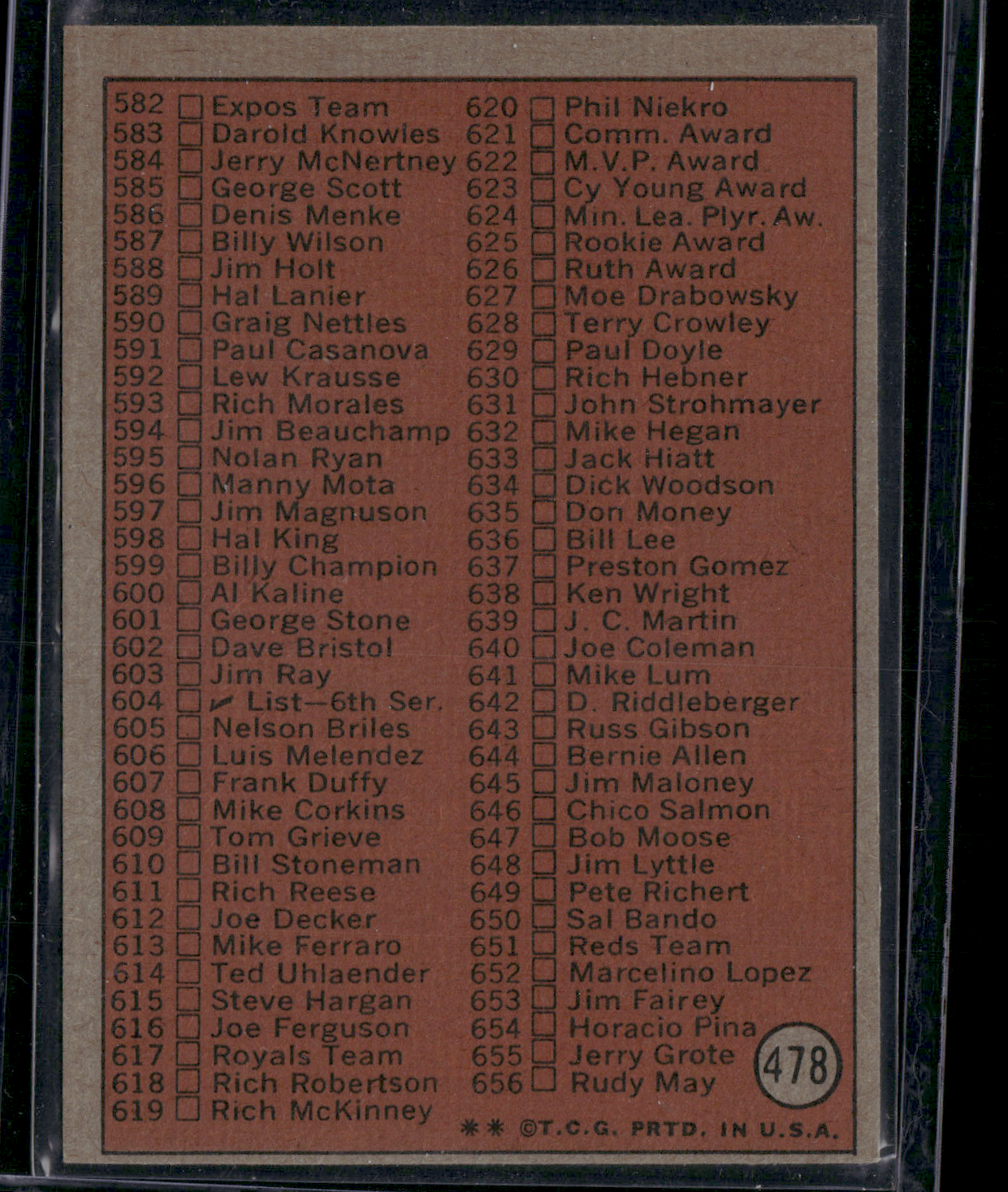1972 Topps CHECKLIST 5TH SERIES #478 (VG-EX)