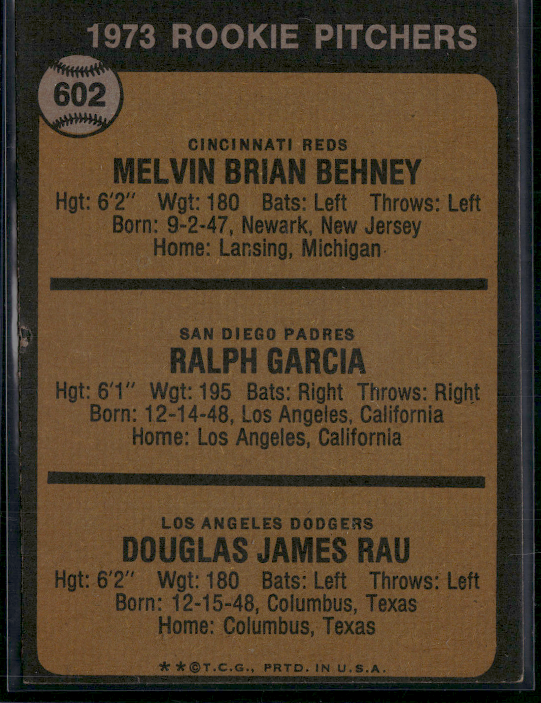 1973 Topps BEHENEY/GARCIA/RAU #602 1973 Rookie Pitchers Edge Crush (VG/EX)