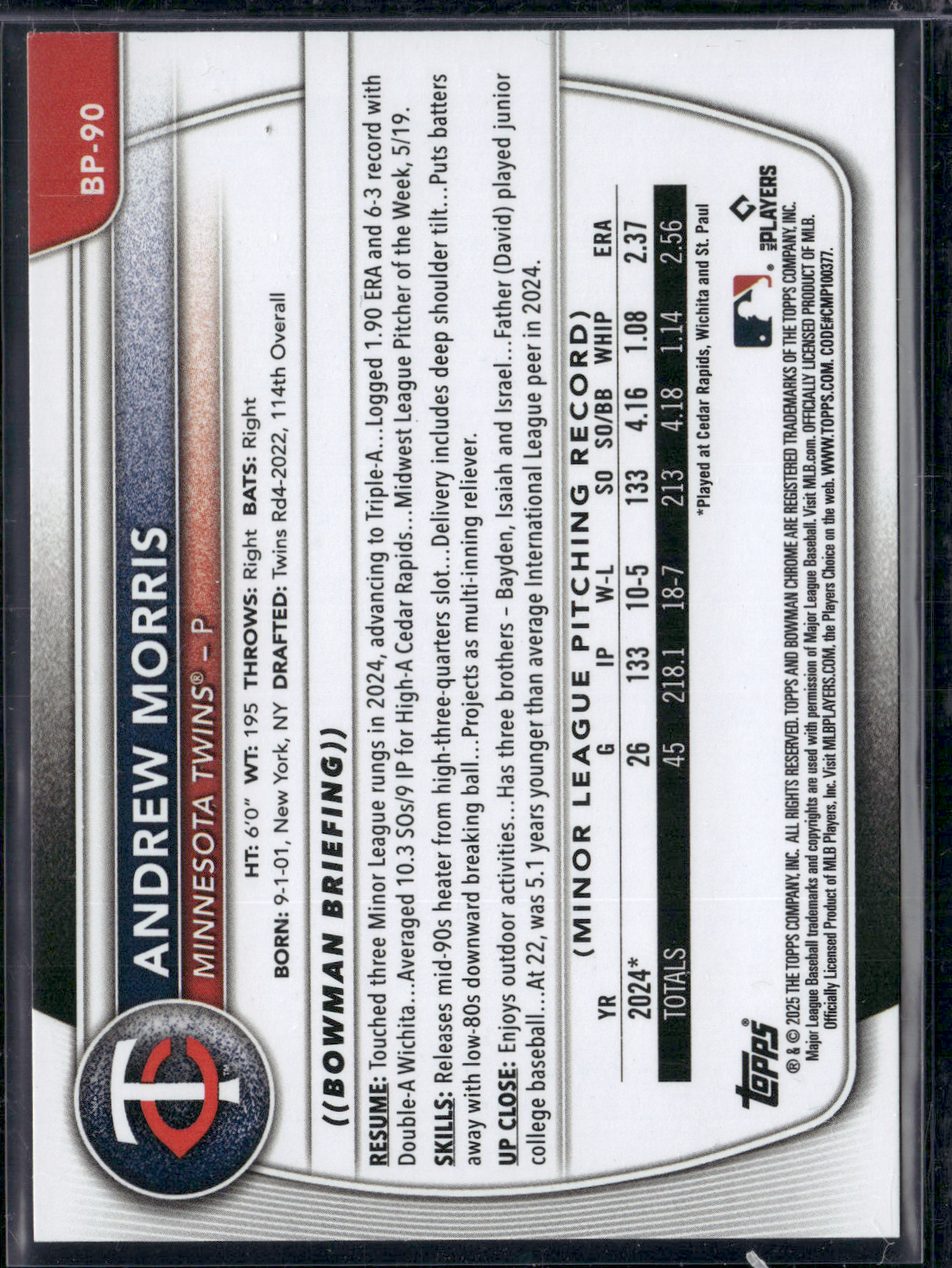 2025 Bowman ANDREW MORRIS #BP-90 1st Bowman
