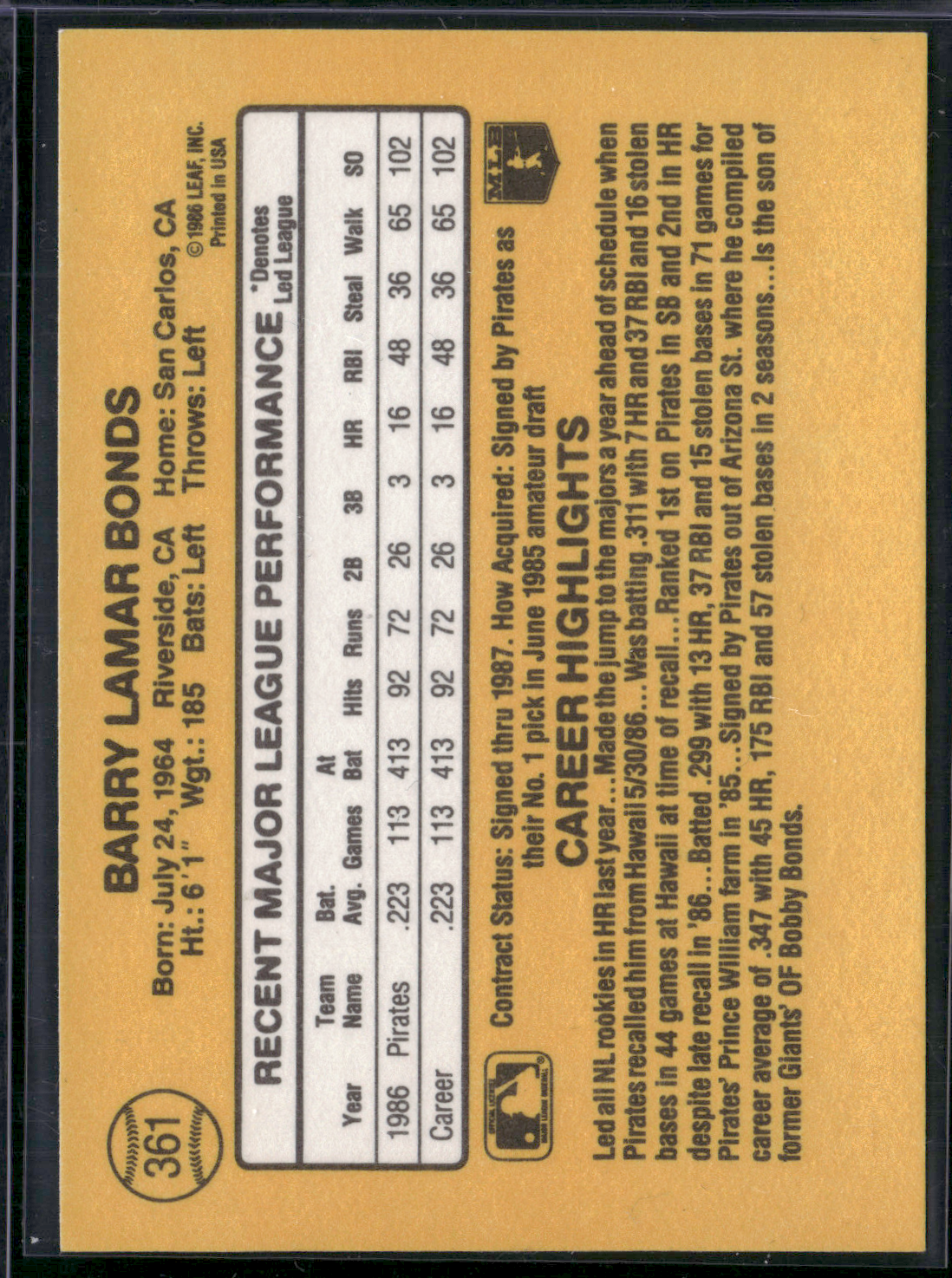 1987 Donruss BARRY BONDS #361 (NM)