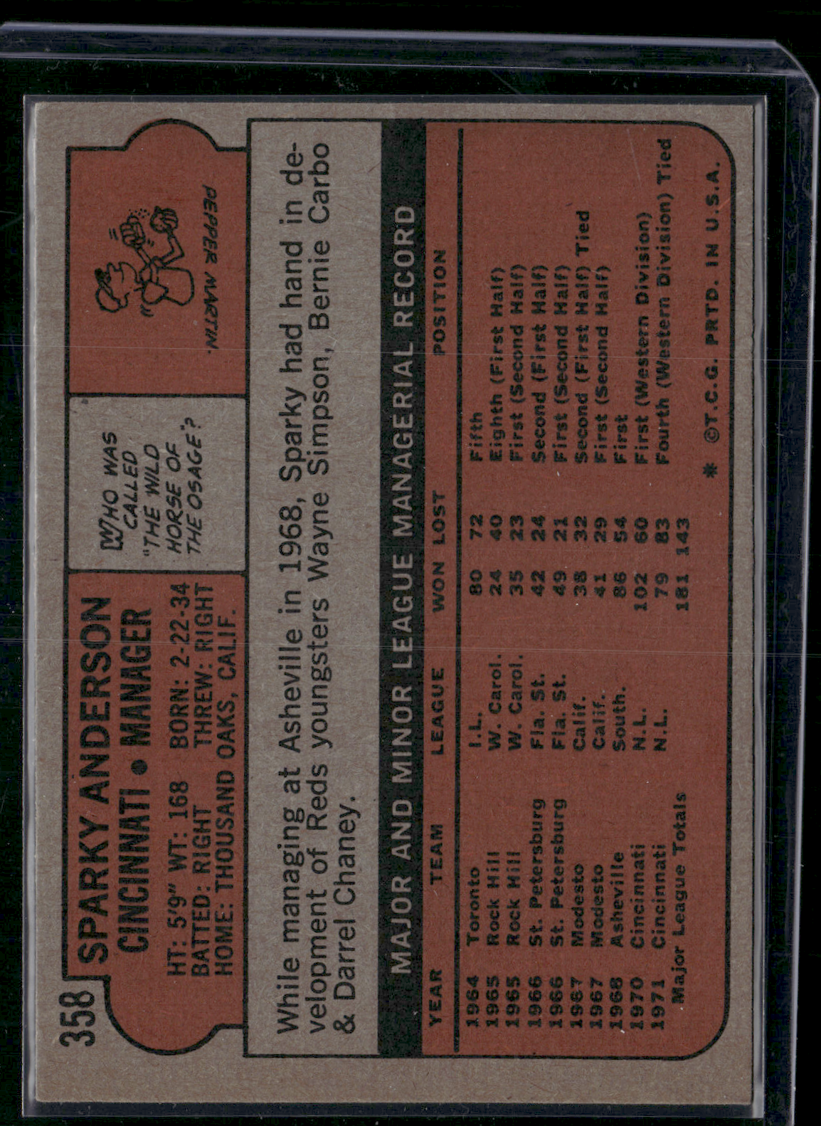 1972 Topps SPARKY ANDERSON #358 Light Wax Stain Grain Raise (VG-VG/EX)