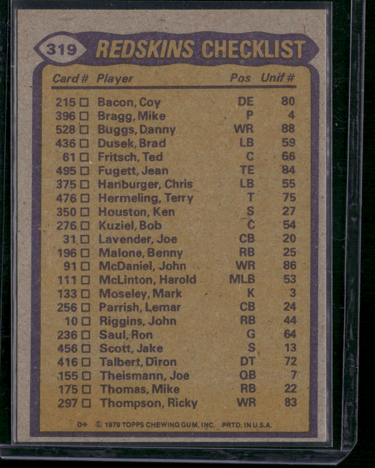 1979 Topps WASHINGTON REDSKINS TEAM LEADERS - JOHN RIGGINS #319 (VG-EX)
