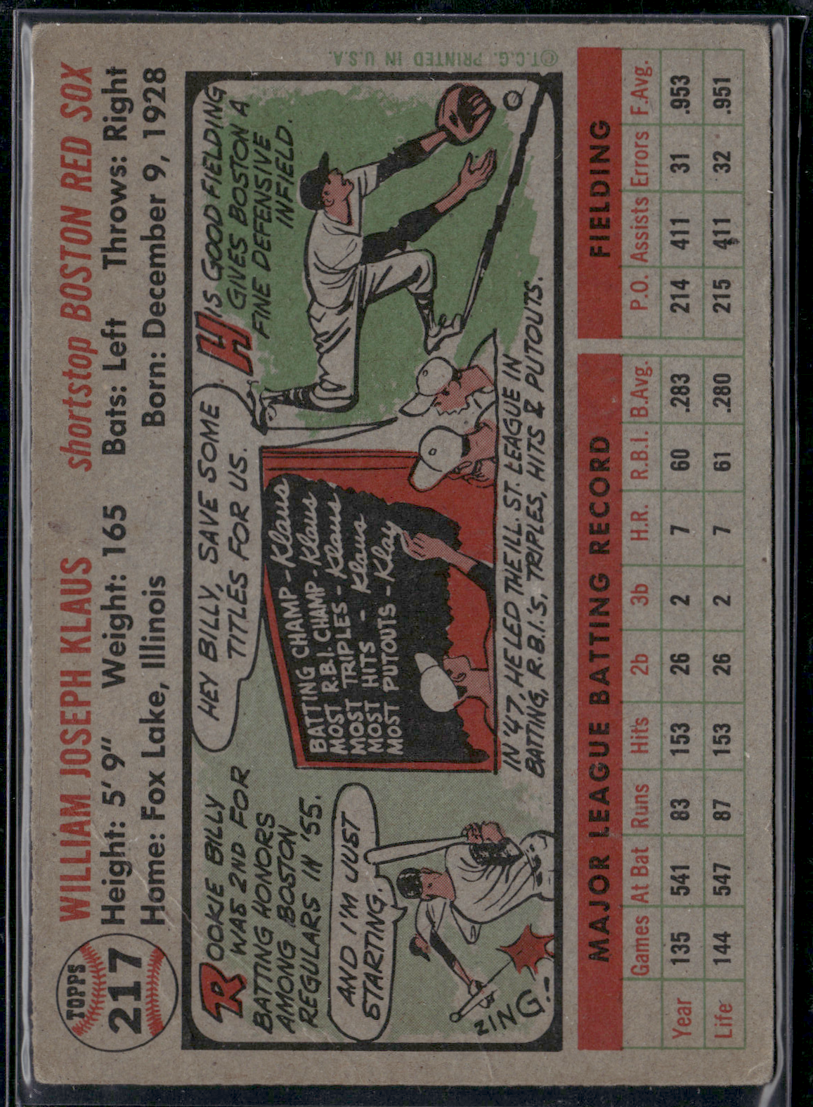 1956 Topps BILLY KLAUS #217 Crease