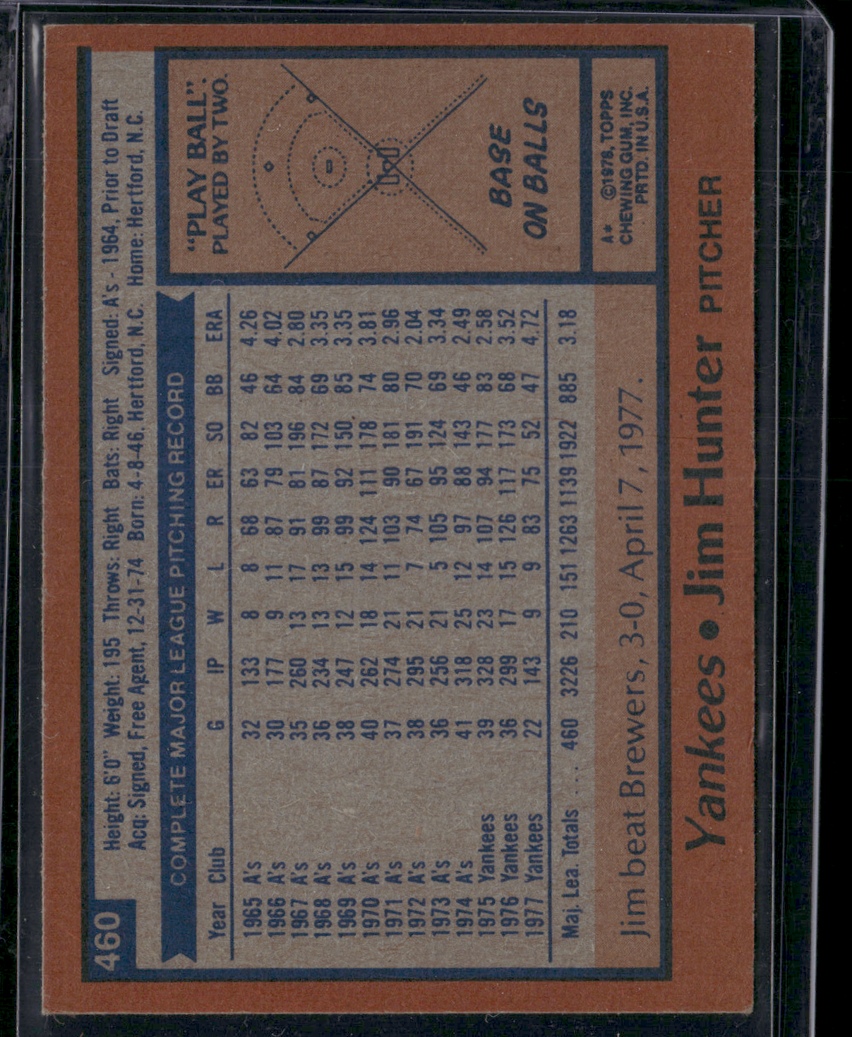 1978 Topps JIM "CATFISH" HUNTER #460 (EX-EX/MT)