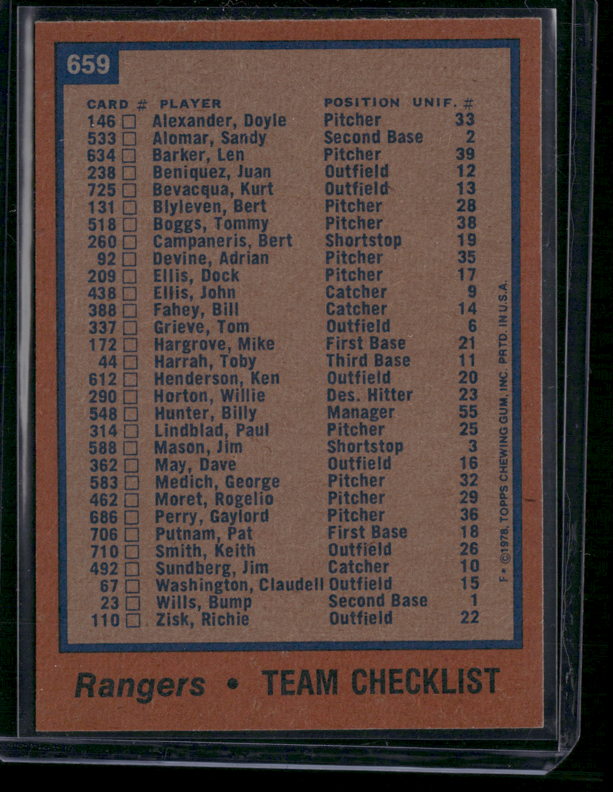 1978 Topps TEXAS RANGERS #659 (EX-EX/MT)