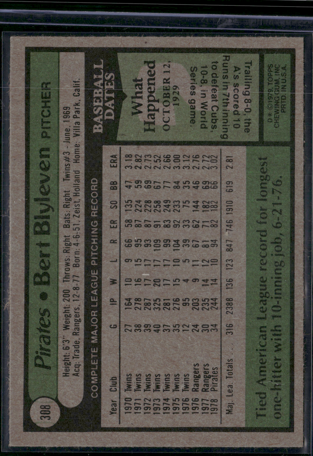 1979 Topps BERT BLYLEVEN #308 (EX-EX/MT)