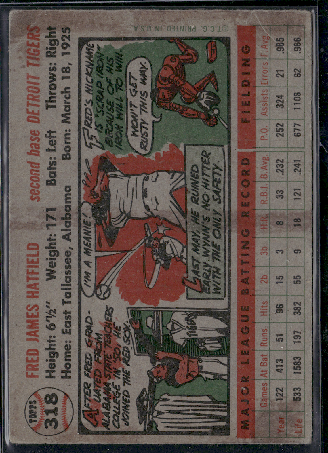 1956 Topps FRED HATFIELD #318 Light Wrinkles