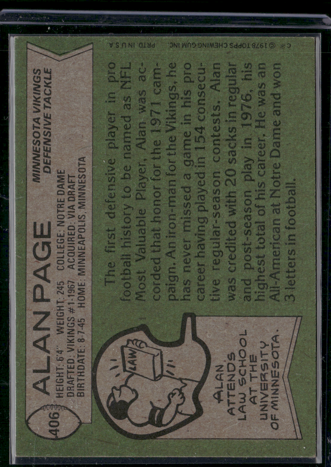 1978 Topps ALAN PAGE #406 (EX)