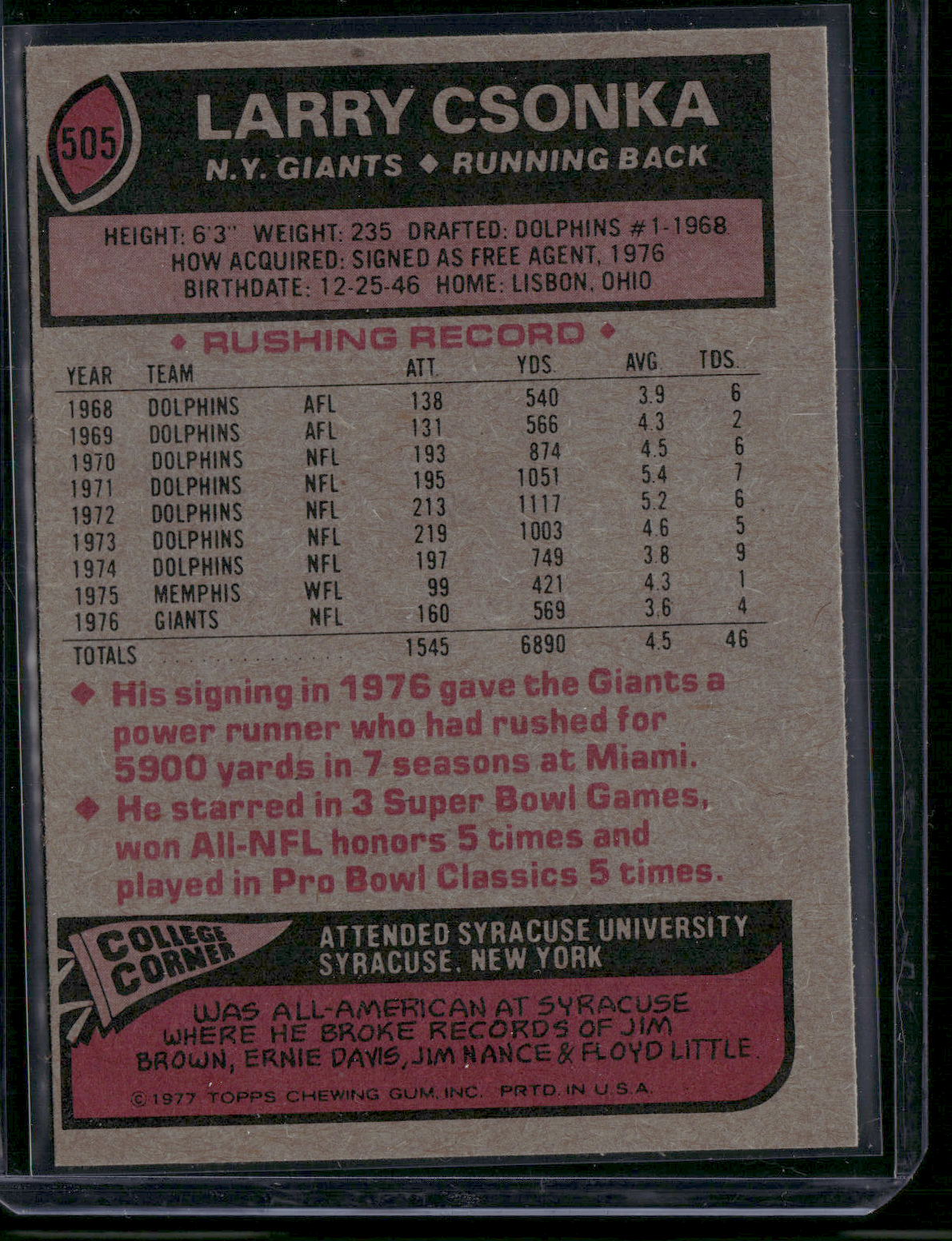 1977 Topps LARRY CSONKA #505 Rough Edge Cut (EX)